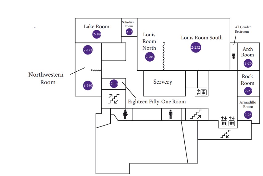 Second floor contains the following rooms in a clockwise fashion starting from the north end: Northwestern Room 202, Lake Room 203, Scholars Room 204, Louis Room 205, all gender restroom, Arch Room 206, Rock Room 207, Armadillo Room 208, Registration in the Lobby, Men's Restroom, and Women's Restroom