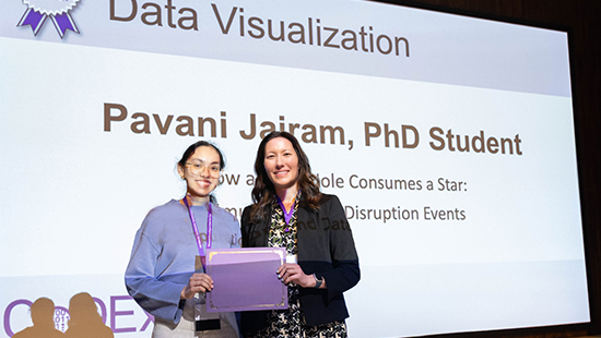  Pavani Jairam, PhD Student, Weinberg College of Arts and Sciences receiving People's Choice award from Jackie Milhans, director, Research Computing and Data