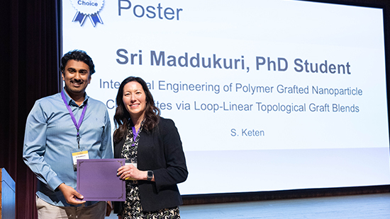 Sri Maddukuri, PhD Student, Mcormick school of Engineering and Applied Science receiving People's Choice award from Jackie Milhans, director, Research Computing and Data
